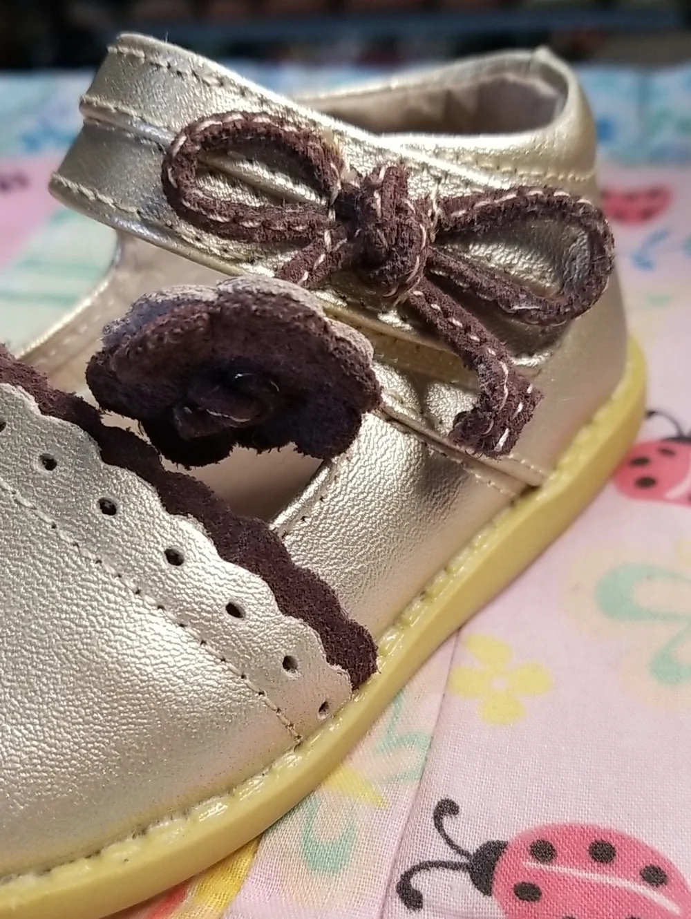 Livie & Luca Metallic Gold Mary Janes with Brown Flower Accents Size 4 Merry Bel